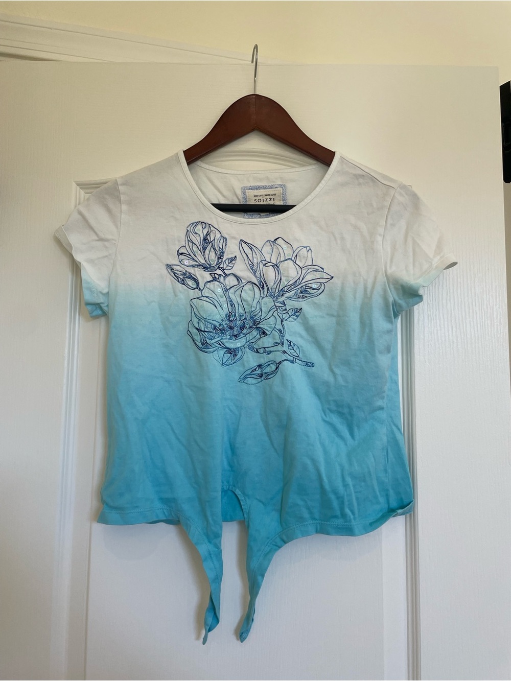 White Aqua Ombre Floral Tie-Front Tee